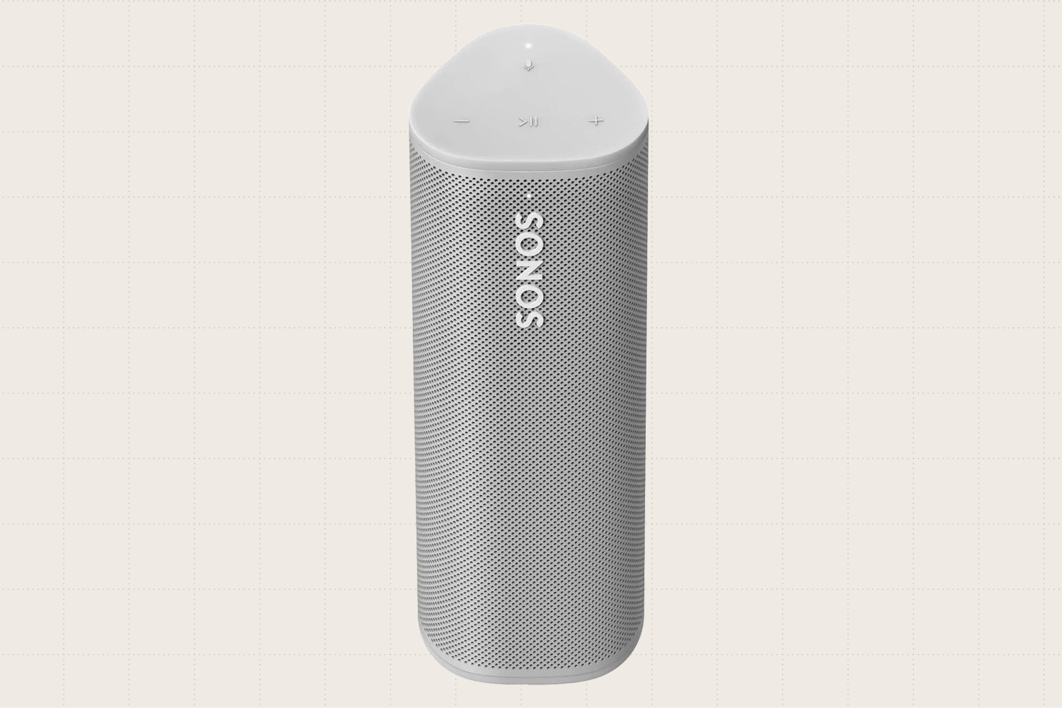 A Sonos Roam portable speaker shown in white, standing upright. It's about 7 inches long and 2.5 inches wide.