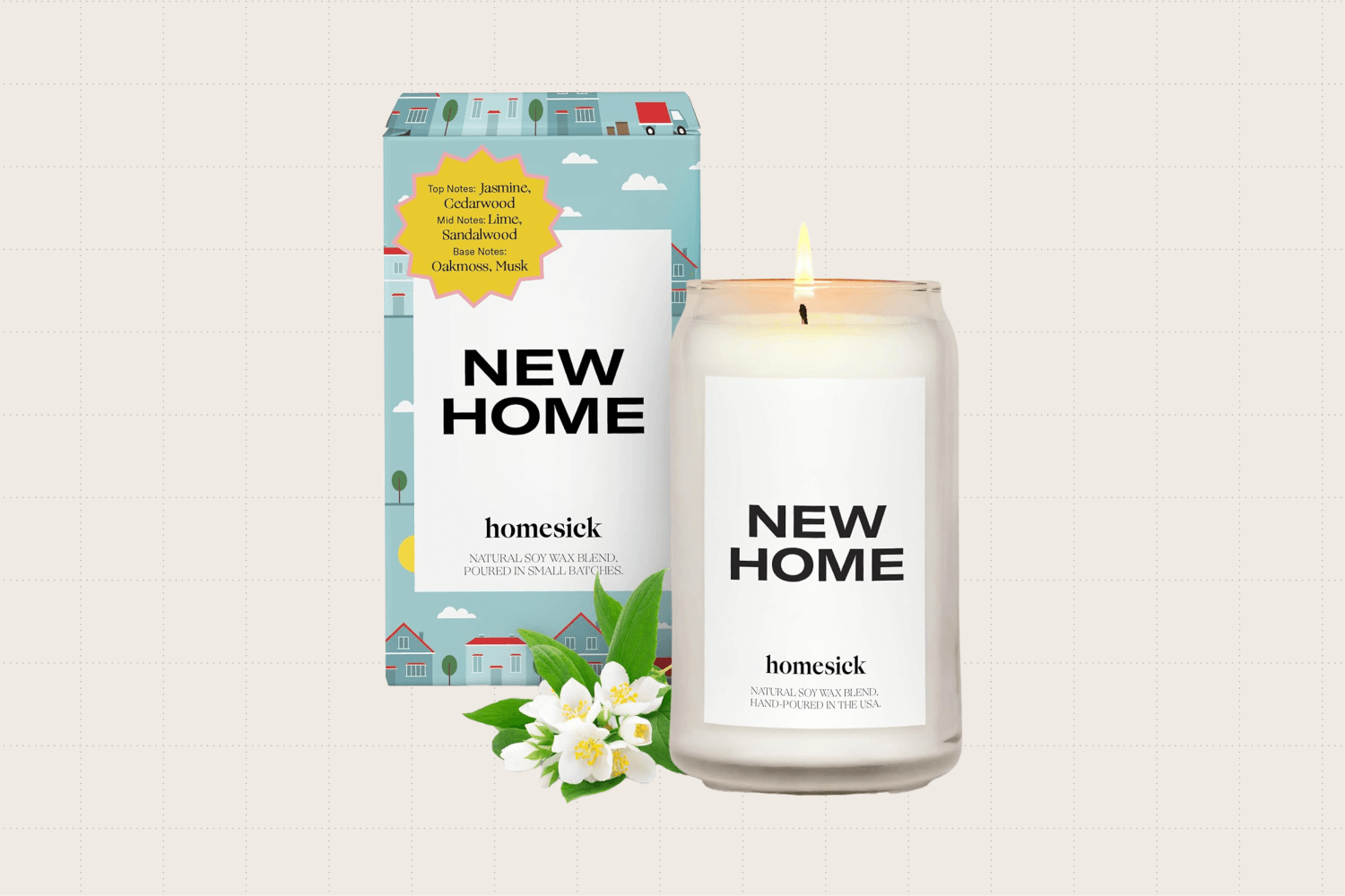 An image of the 'New Home' candle by Homesick Candles, which smells of fresh linen and clean air.