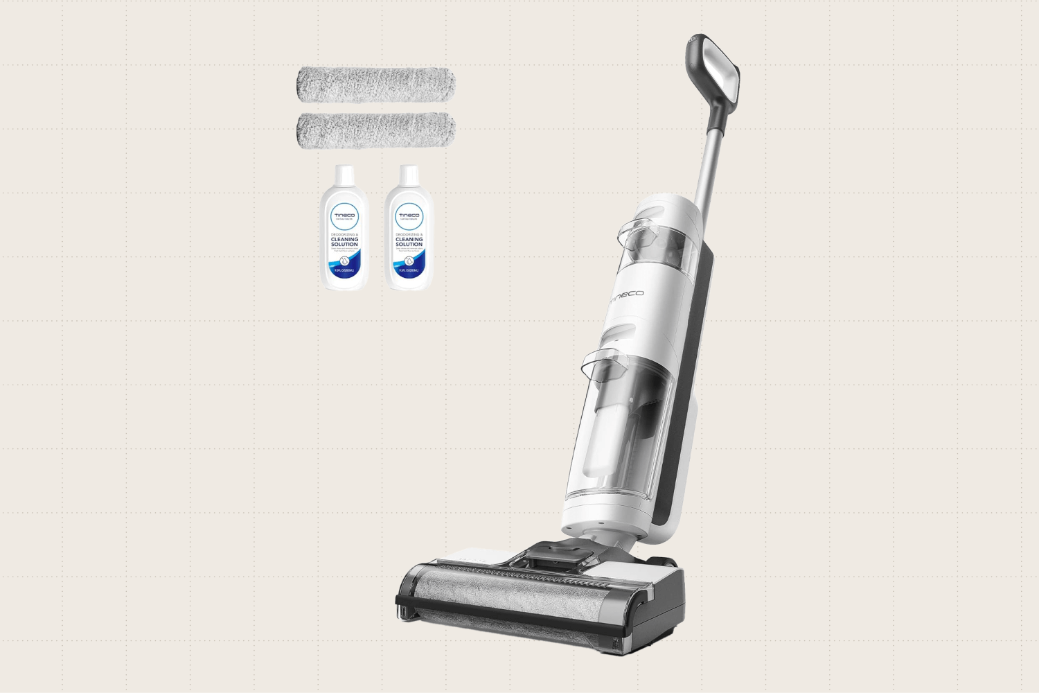 The cordless Tineco iFLOOR 3 Breeze Complete Wet Dry Vacuum shown with two brush rollers and two bottles of cleaning solution that come with it.