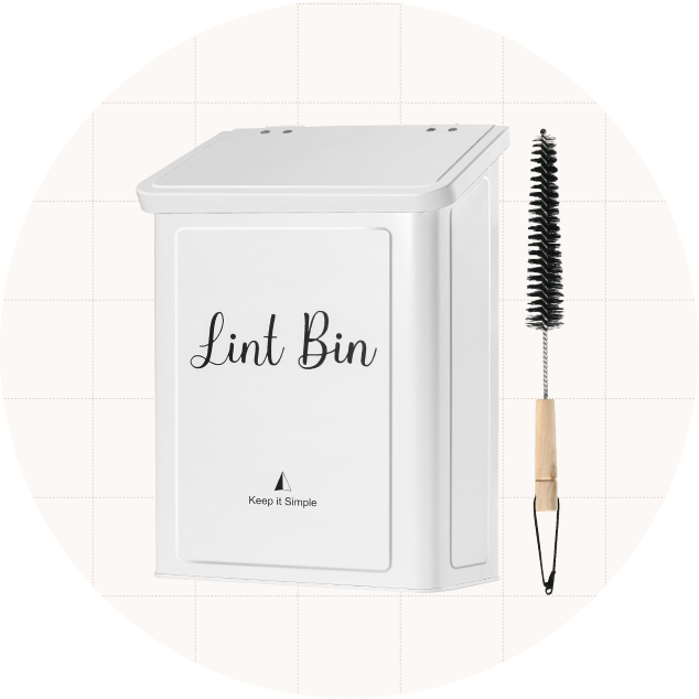 Photo of a metal magnetic lint bin and the included brush.