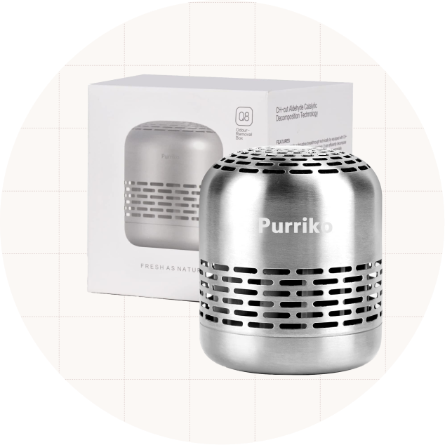 Purriko Refrigerator Deodorizer shown in stainless steel against a beige background.