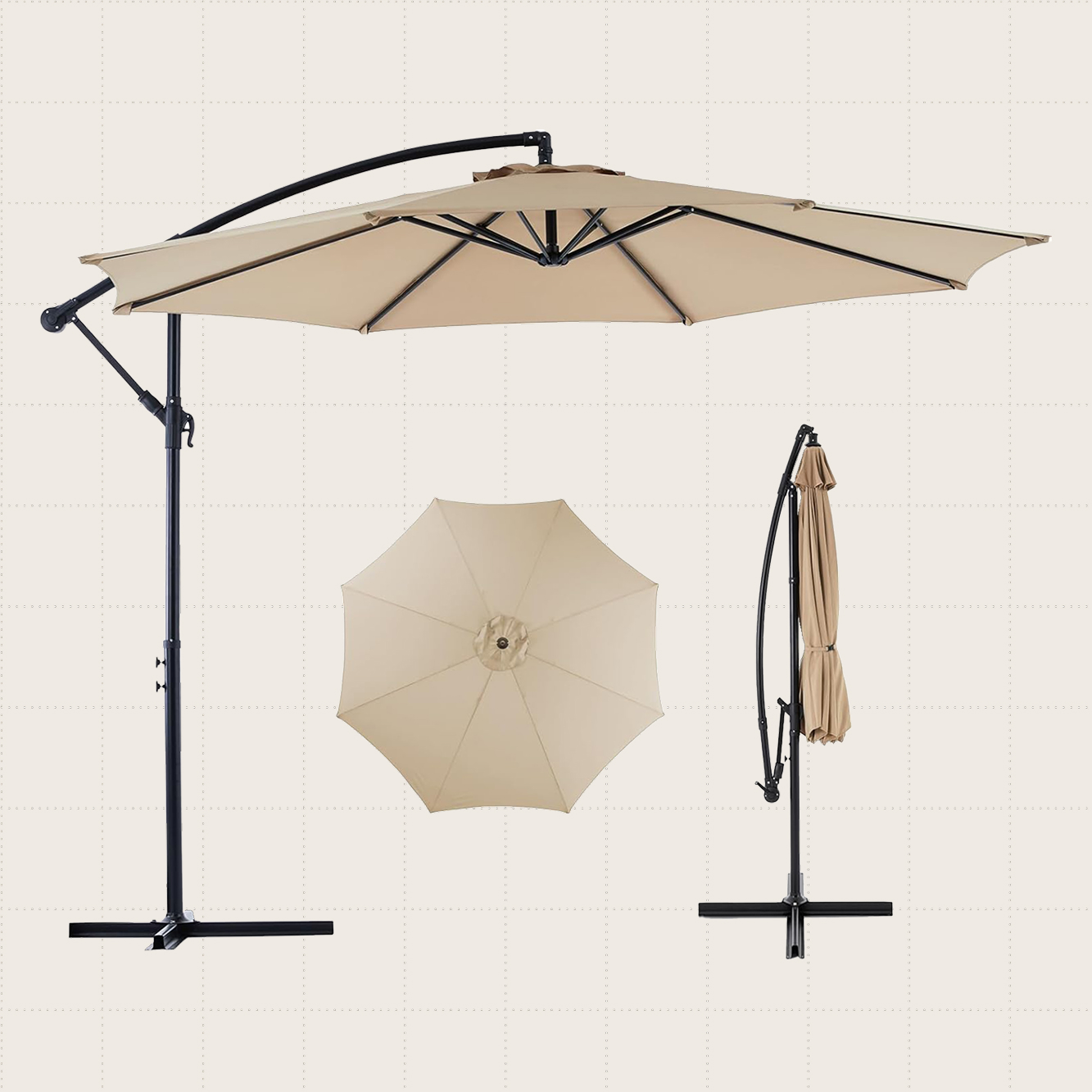 Sweetcrispy 9.8-Foot Offset Patio Umbrella in beige.