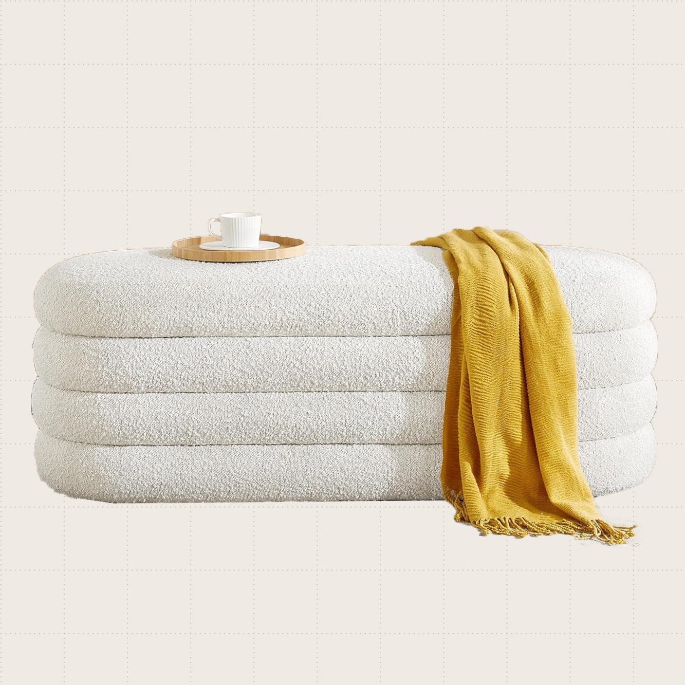 Busaurus Storage Ottoman Bench in white boucle fabric.