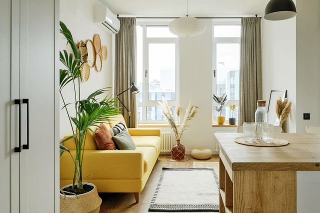 The living room of a small apartment featuring a yellow loveseat, potted plants, a floor lamp, and woven baskets on the wall.