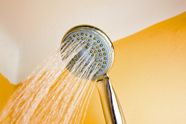 Close-up shot of a shower head that's turned on and spraying water.