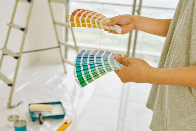 Anonymous person holding two different booklets of paint color chips in their hands. One is cool tones, the other is warm tones.