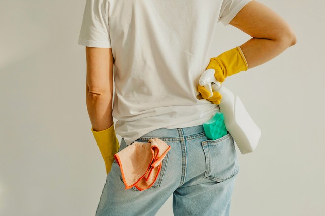 Anonymous woman photographed from behind. She's wearing a pair of jeans and a white t-shirt with a sponge and cleaning cloth in her back pockets. She's also wearing cleaning gloves and holding a spray bottle.