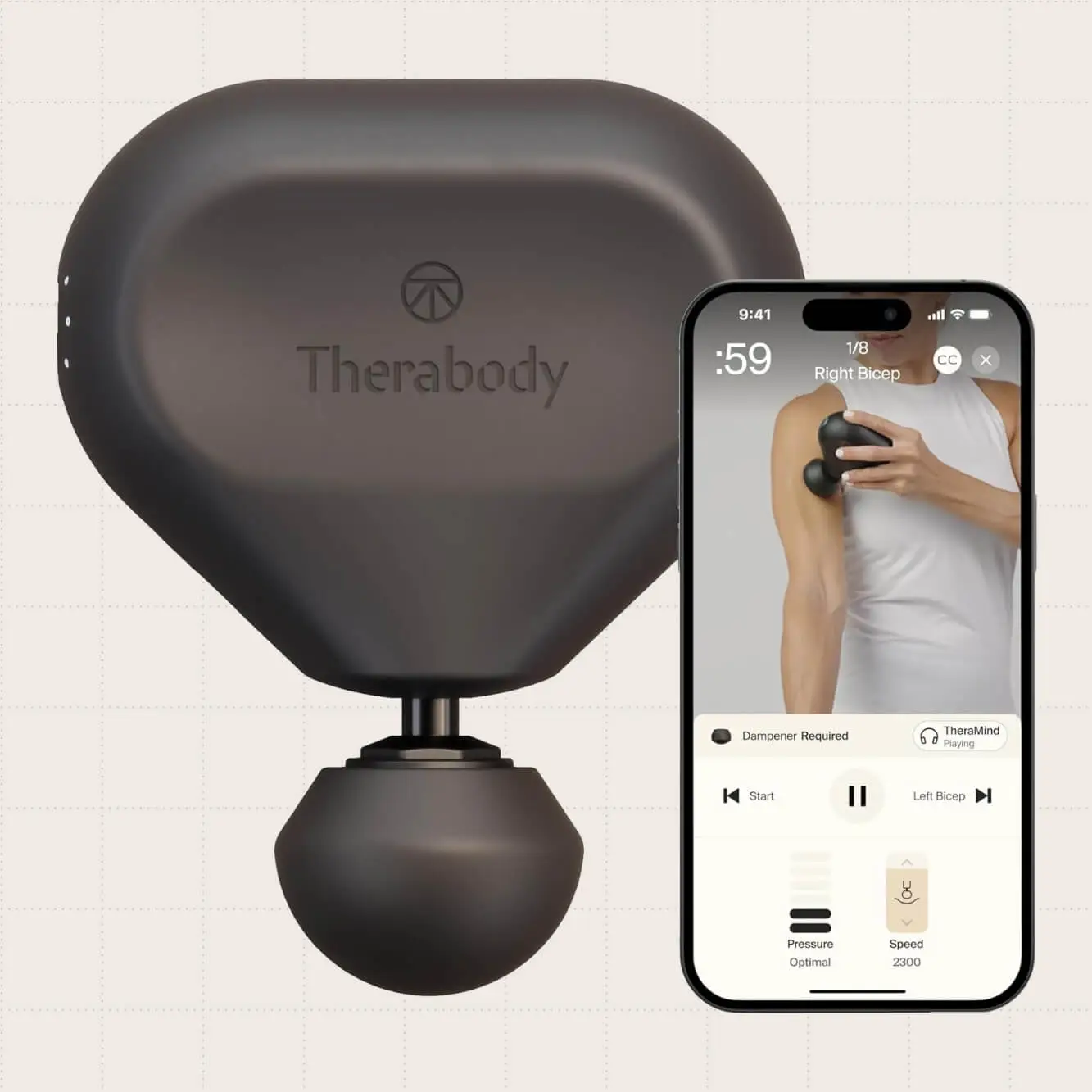 TheraGun Therabody Mini shown in black alongside the app you can use to personalize user experience.