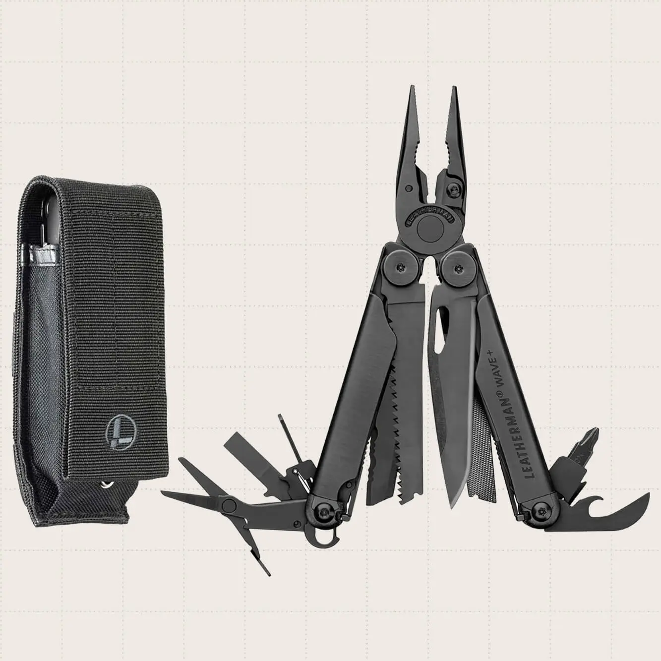 The LEATHERMAN Wave+, an 18-in-1, full-size multi-tool shown with its case.